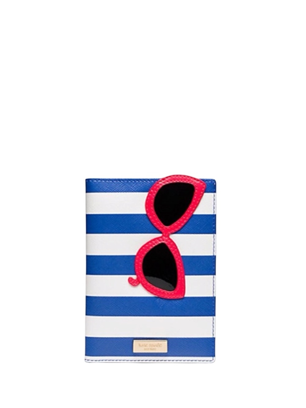 kate spade Blue and White Striped Passport Cover with Pink Sunglasses Applique